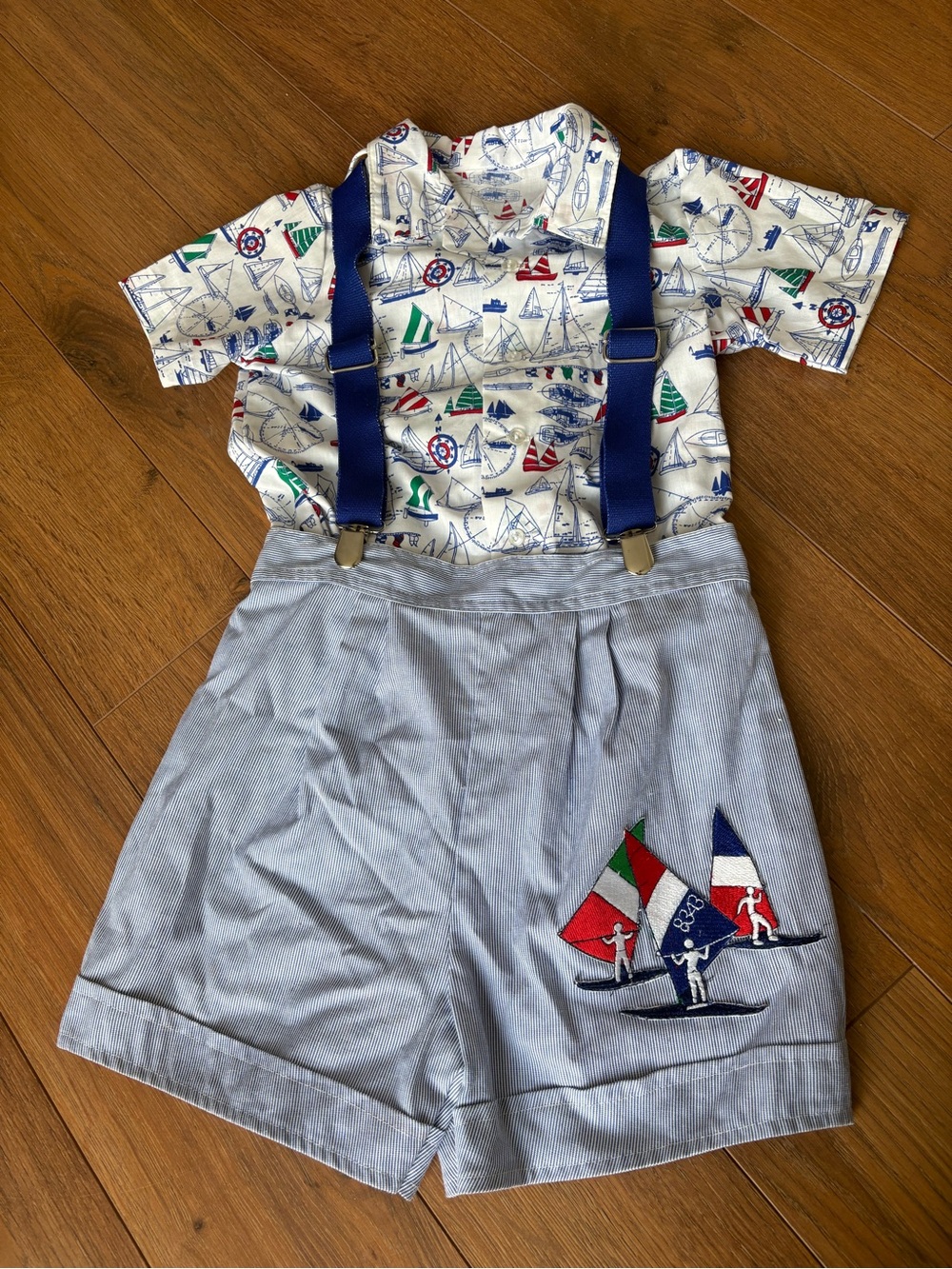 Nautical Sailboat Short Set with Navy Suspenders